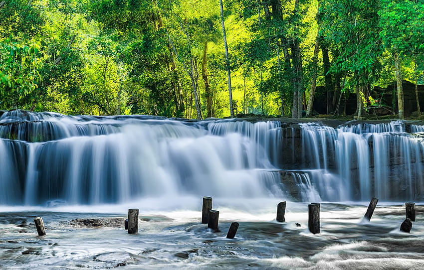 nature, blur, summer, landscape, nature, bokeh, Cambodia, travel, tourism, ., Cambodia, my planet, mysteries mysteries of the ancient world, deep blue cascading sacred falls, Phnom Kulen, the rainforest plateau for, summer falls HD wallpaper