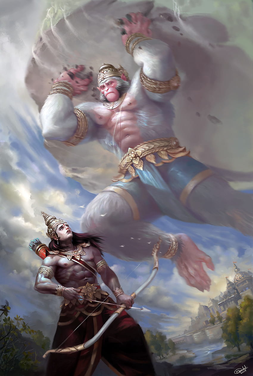 Hallo Leute, hier ist mein neuestes Gemälde, das auf einem Teil des Ramayana basiert, als Hanuman Ji auf das Schlachtfeld von … flog, muskulöser Hanuman HD-Handy-Hintergrundbild