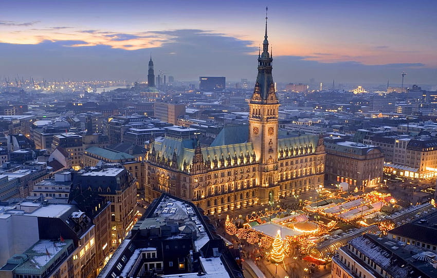 holiday, Germany, Christmas, panorama, Hamburg, market, town hall , section город, panorama christmas HD wallpaper