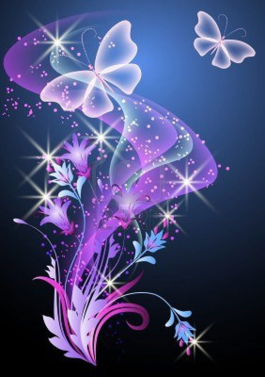 Duman, çiçekler ve kelebek ile parlayan arka planlar, parlayan kelebek HD telefon duvar kağıdı