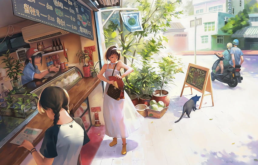 street, anime, art, weekdays, shop, cafe, Taejune Kim, A, soft anime pc HD wallpaper