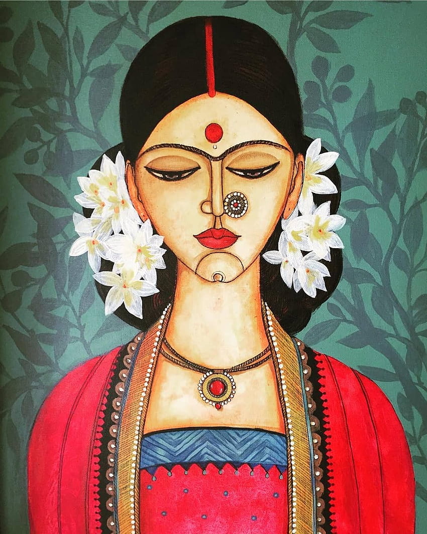 50 най-красиви индийски картини от най-добрите индийски художници, индийски традиционни жени HD тапет за телефон