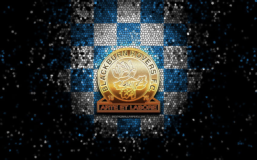 Blackburn Rovers FC, glitter logo, EFL Championship, blue white checkered background, soccer, english football club, Blackburn Rovers logo, mosaic art, football, Blackburn Rovers with resolution 2880x1800. High Quality HD wallpaper
