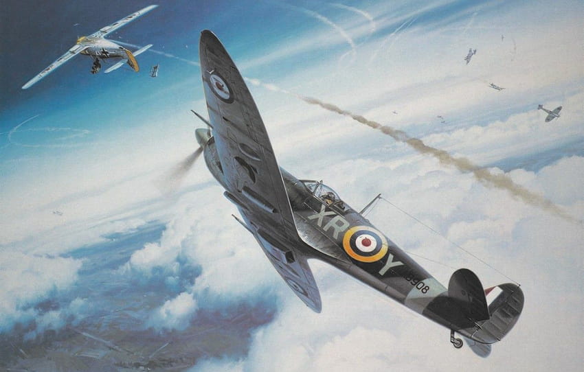 guerre, art, Spitfire, peinture, ww2, combat aérien pour Fond d'écran HD