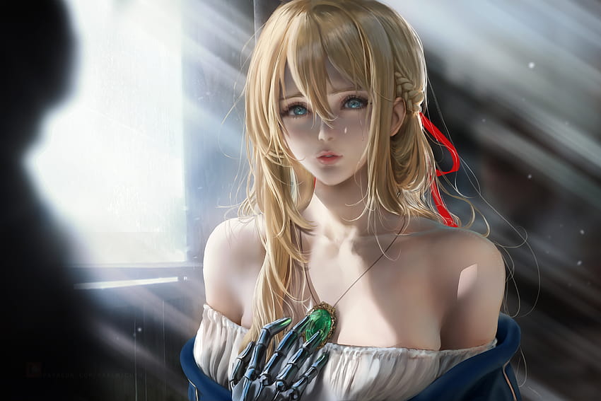 : Violet Evergarden, anime girls, blonde, bangs, long hair, Braided hair, hair ribbon, looking at viewer, portrait, blue eyes, crying, tears, necklace, bare shoulders, steampunk, window, sun rays, fantasy girl, artwork, violet evergarden the movie HD wallpaper