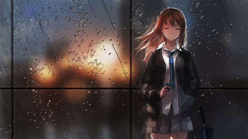 1920x1080 girl, anime, rain, glass, light, anime rain HD wallpaper