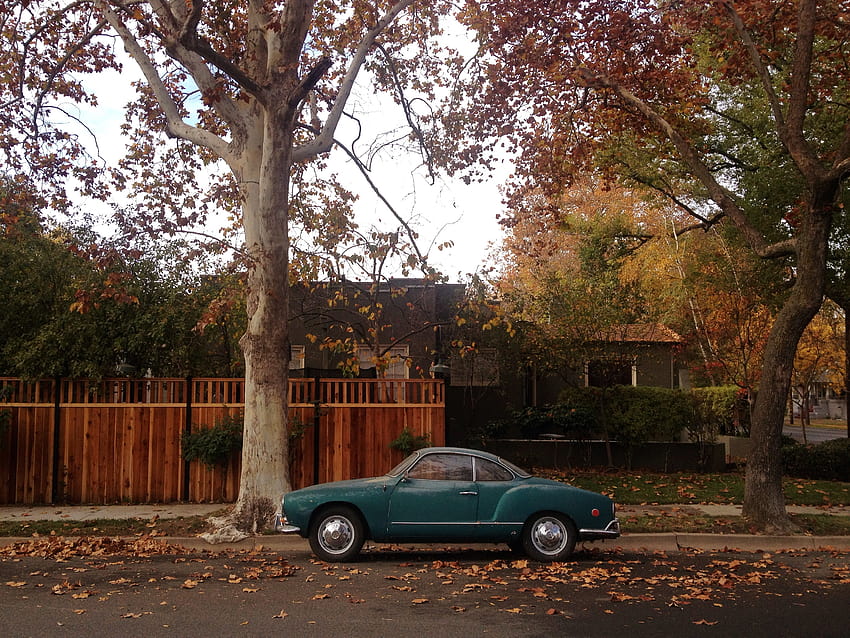 : sports, trees, street, car, winter, road, house, green, Volkswagen, vintage, neighborhood, sporty, hotwheels, estate, tree, autumn, view, explore, beauty, home, auto, classic, vw, scenic, suburb, parked, ghia, urban area, neighbourhood, autumn volkswagen HD wallpaper