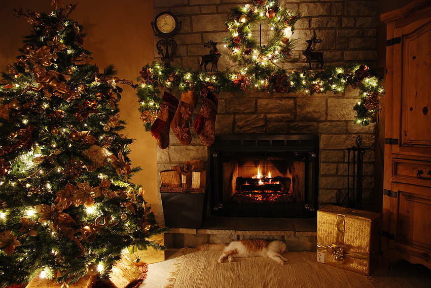 5 Ultra Fireplace, christmas tree fire place HD wallpaper