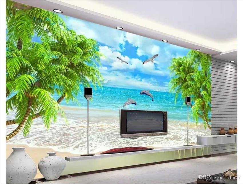3D Custom Silk Mural Wall Paper Summer Love Sea Coconut Tree Living Room TV Sofa Backgrounds Wall Stickers Home Decoration From Zhu77, $9.45 HD wallpaper