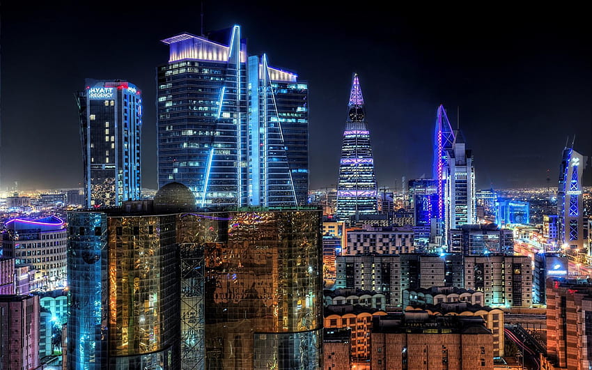 Riyadh, capital, colorful city lights, night HD wallpaper