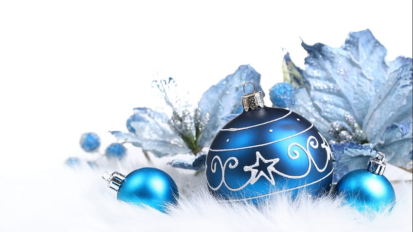 3 Blue Ornaments, blue and white christmas tree HD wallpaper