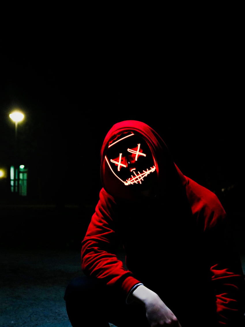 Mężczyzna, maska ​​LED, Dope, noc, anonim, bluza z kapturem, ciemna, graficzna, czerwona bluza z kapturem Tapeta na telefon HD