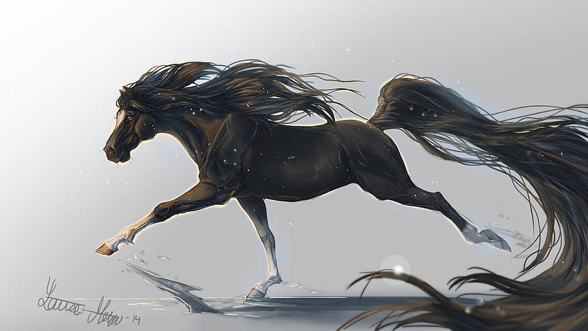 horse, hooves, mane, galloping, black, white background, art, OS, horse art HD wallpaper
