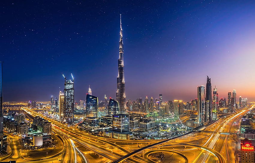 the city, lights, the evening, Dubai, Dubai, UAE, Burj, dubai burj khalifa HD wallpaper