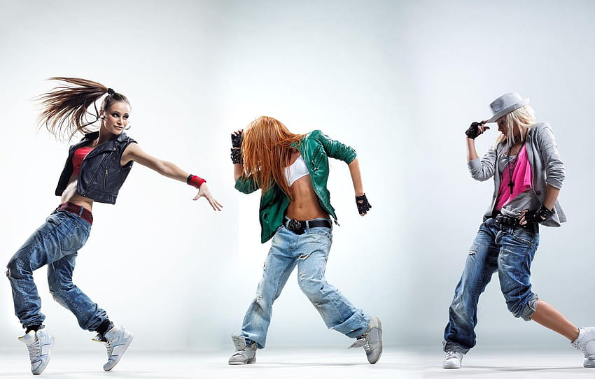 movimento, meninas, jeans, jaqueta, dançando, meninas, tênis, quadril, mulheres dançando hip hop papel de parede HD