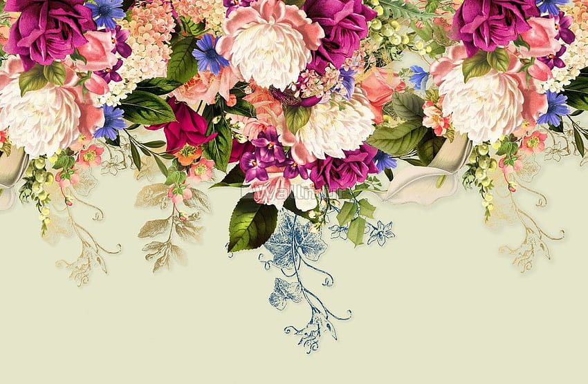 จิตรกรรมฝาผนังดอกไม้เถาวัลย์สีสันสดใสคลาสสิก • Wallmur® วอลล์เปเปอร์ HD
