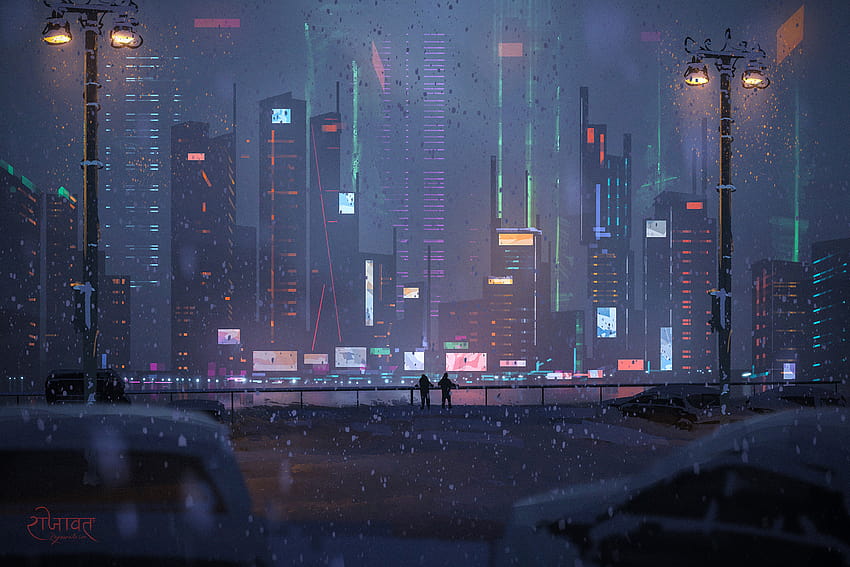 Cyberpunkowe miasto w śnieżną noc, cyberpunkowa zima Tapeta HD