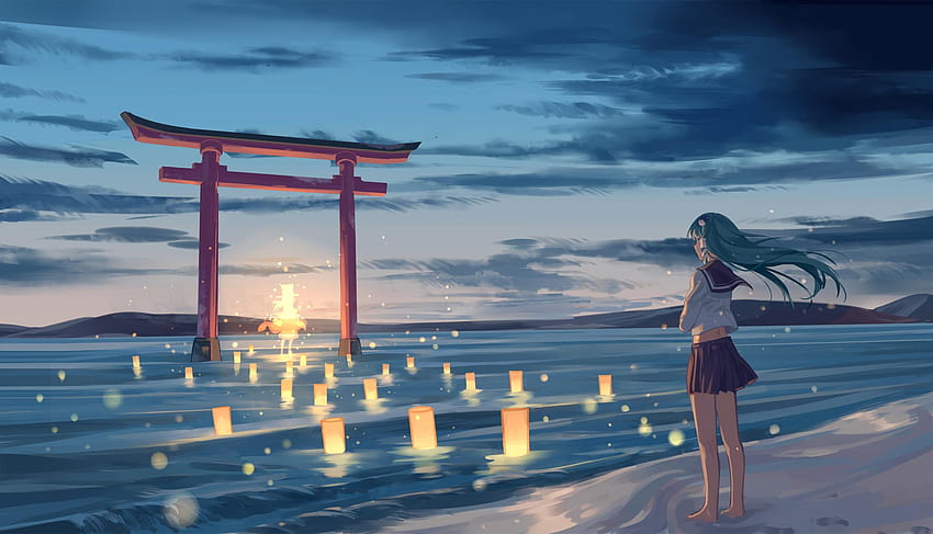 Anime Girl On The Beach, garota na praia papel de parede HD