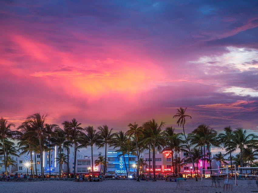 Matahari Terbenam Pantai Miami Wallpaper HD