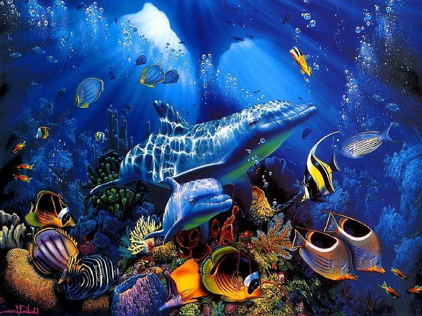 undersea fantasy, dolphins underwater HD wallpaper