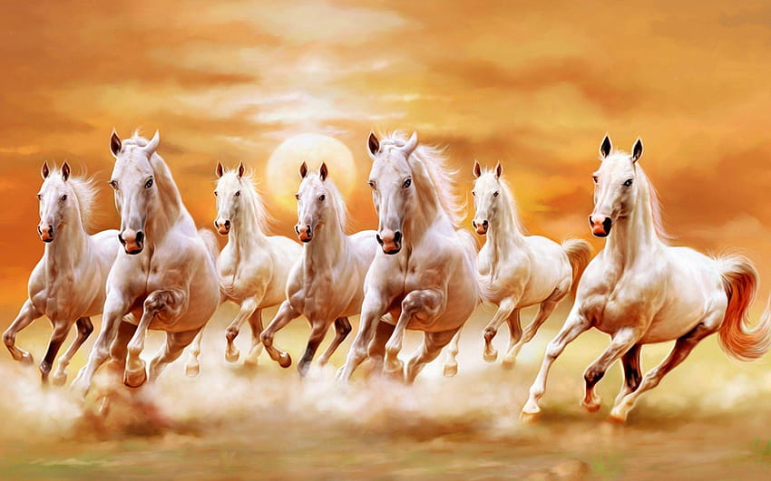 Bellissimi cavalli bianchi che galoppano Orange Sunset Sky Ultra, cavallo bianco che corre sulla spiaggia Sfondo HD