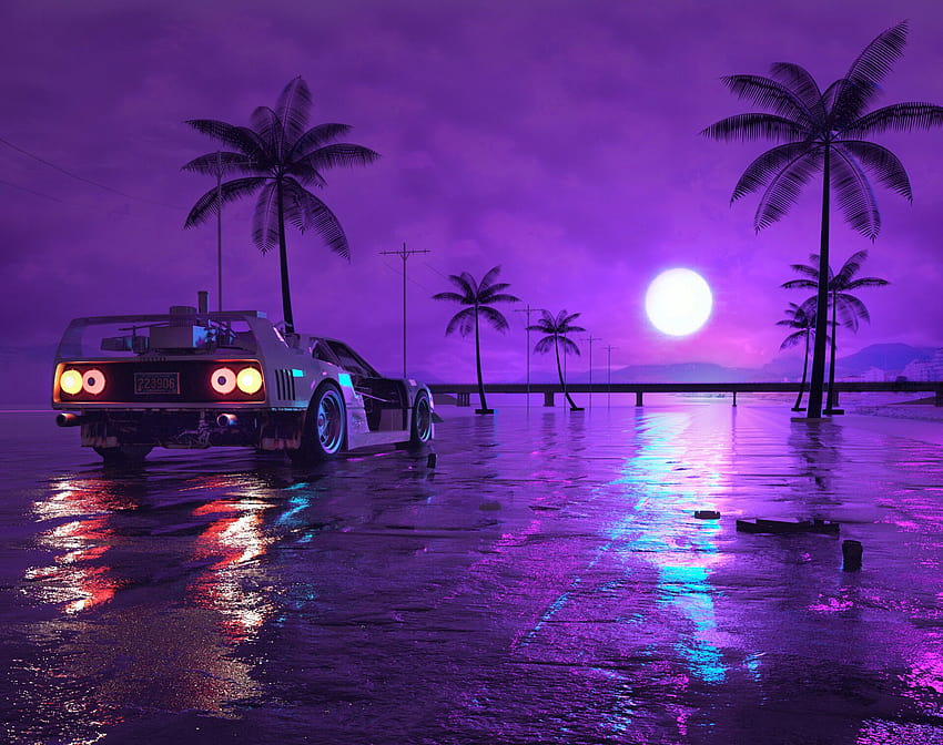 of Car, Digital Art, Moon, Night, Purple, Retro Wave, purple retro HD wallpaper