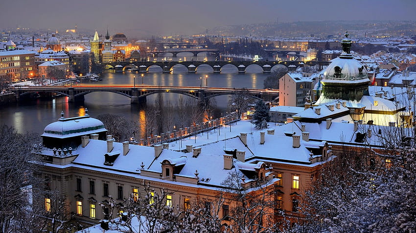 musim dingin, salju, pemandangan kota, Praha, Republik Ceko, malam hari, kota-kota ::, praha musim dingin Wallpaper HD