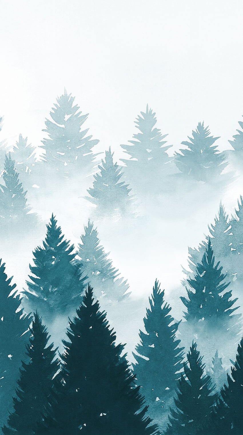 Arte stampabile ad acquerello Paesaggio stampa moderna Foresta grande Wall art Nature home decor Alberi nebbiosi aquarel…, acquerello invernale Sfondo del telefono HD