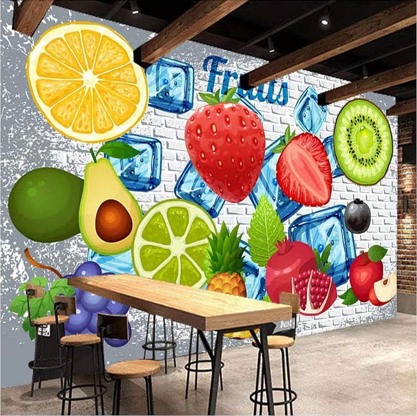 Stiker Dinding Mural 3D Dinding Bata Lemon Strawberry Buah Toko Restoran Susu Teh Latar Belakang Dinding Dekorasi Lukisan Dinding Modern 200X140Cm Wallpaper HD