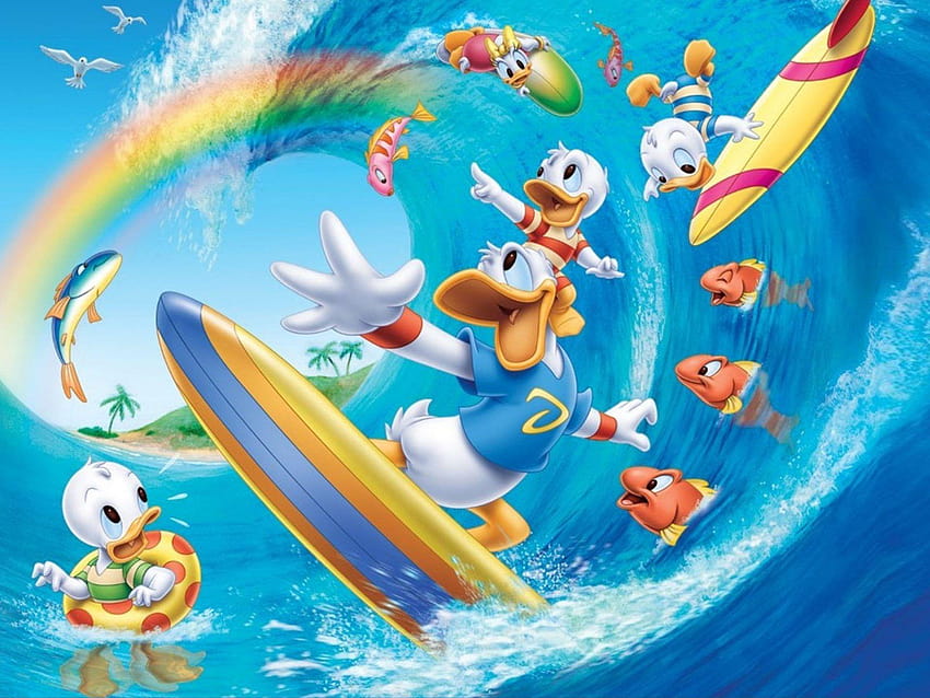 Walt Disney Donald Duck Summer Surf Beach Sea Fish Cartoon, cartoon disney HD wallpaper