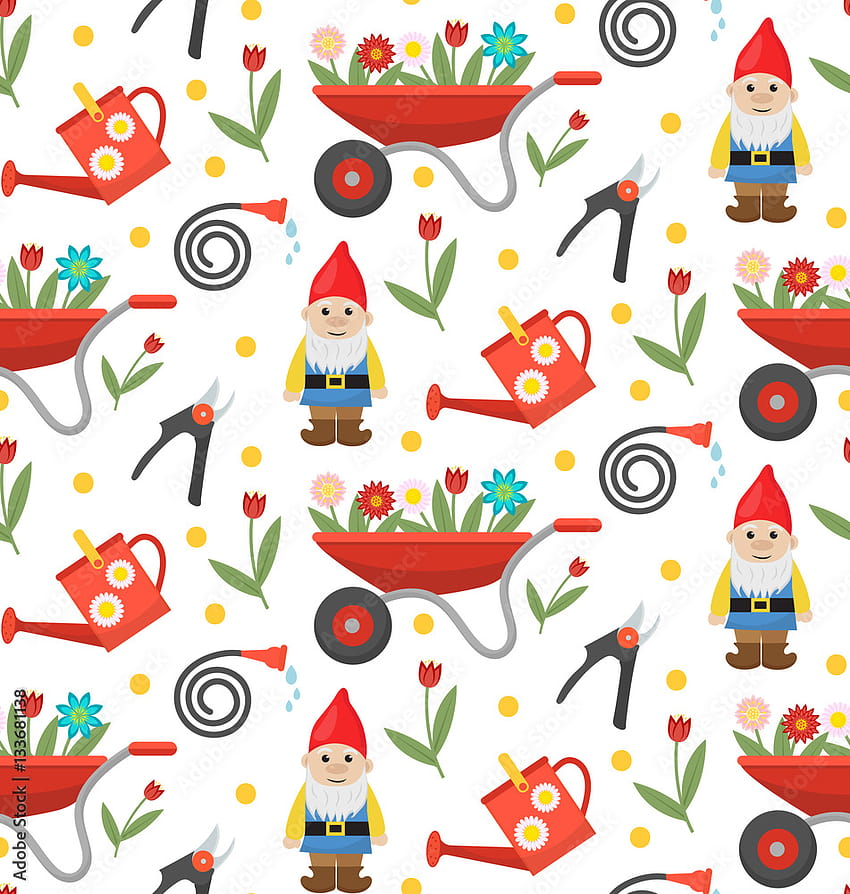Gardening seamless pattern with gnome, flowers and tools. Spring endless background. Horticulture texture, . Cute backdrop. Vector illustration Stock Vector, spring gnome HD phone wallpaper