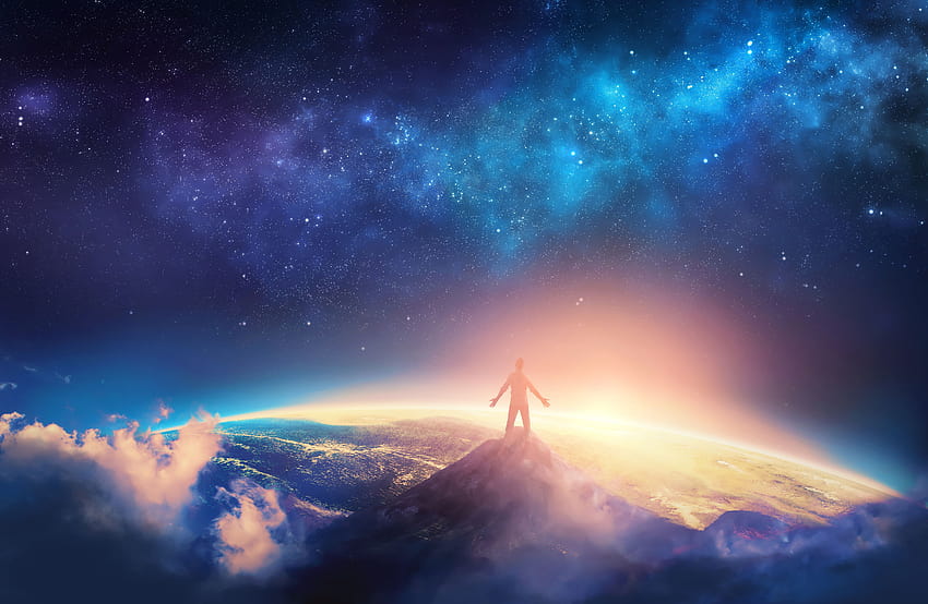 Mann, stehend, Berggipfel, Weltall, Gipfel, Fantasie HD-Hintergrundbild