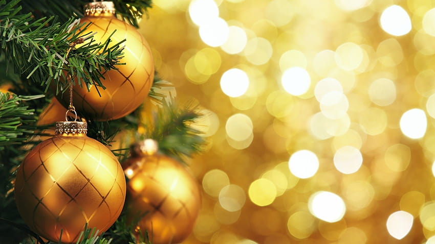 Golden balls on the Christmas tree, golden christmas tree HD wallpaper