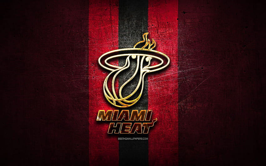 Miami Heat, златно лого, NBA, лилав метал, минималистичен nba miami HD тапет