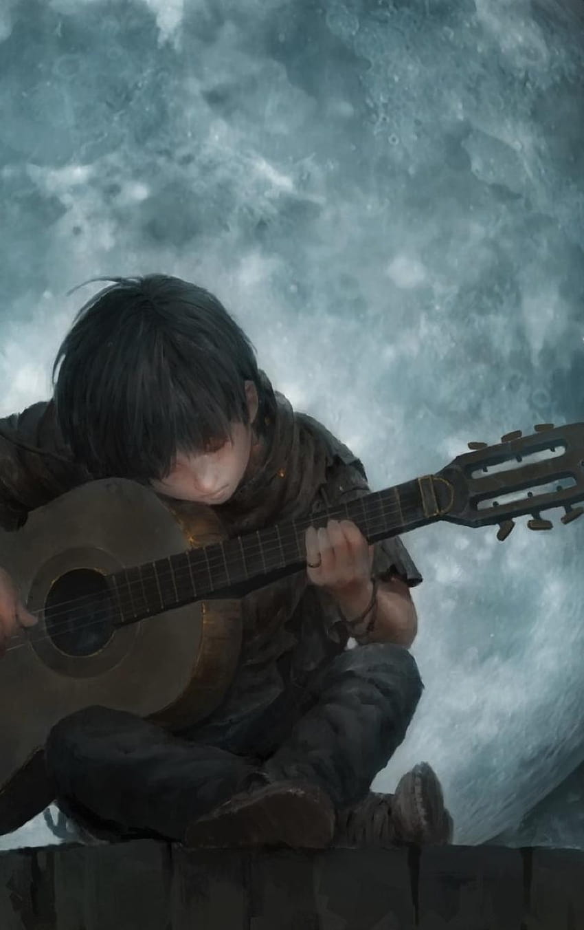 840x1336 Kleiner Junge in der Vollmondnacht, der Gitarre spielt Kunst, Anime-Junge, der Gitarre spielt HD-Handy-Hintergrundbild