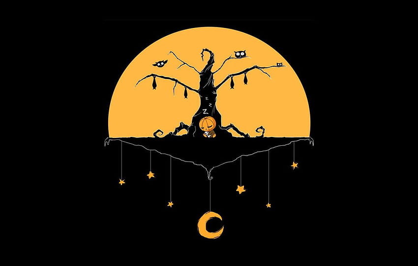 Halloween, moon, minimalism, stars, tree, baby, pumkin silhouette HD wallpaper