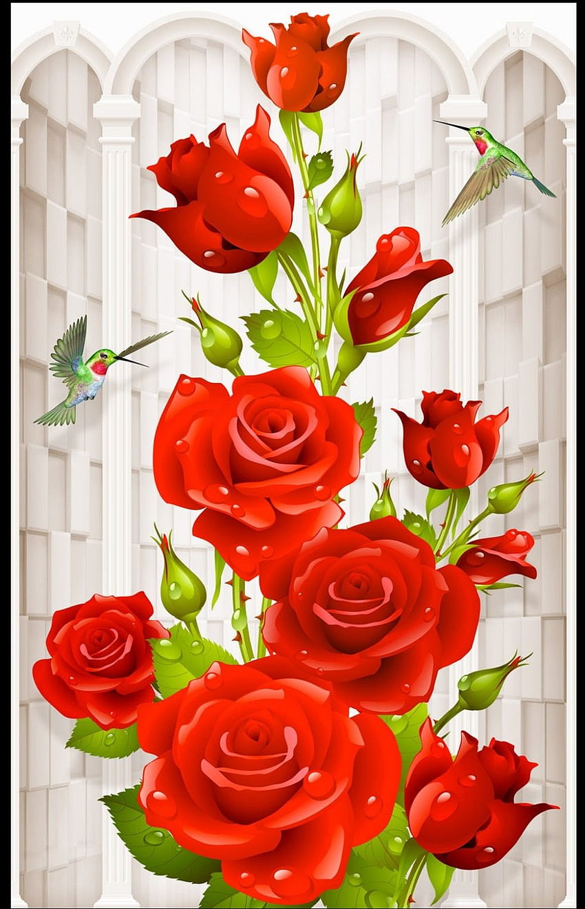 カスタム 3D ヨーロッパ美しいロマンチックなハチドリ ローズ ポーチ背景壁画、バラの美しさ HD電話の壁紙