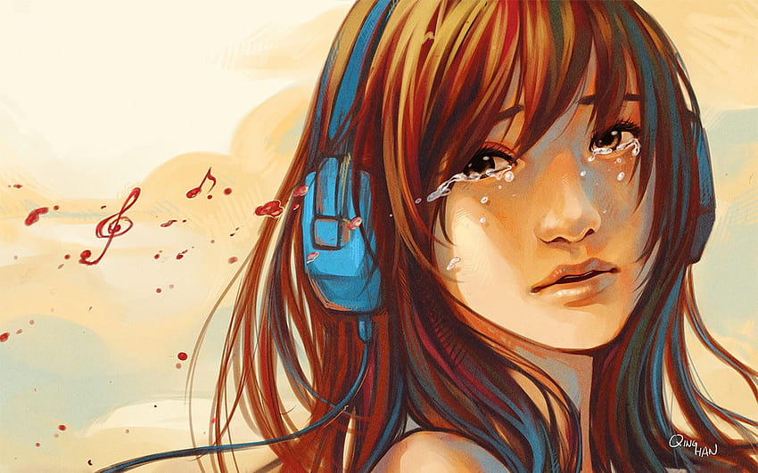 Anime Girl, Music, Crying, Headphone, Art, Retro, anime girl crying HD wallpaper