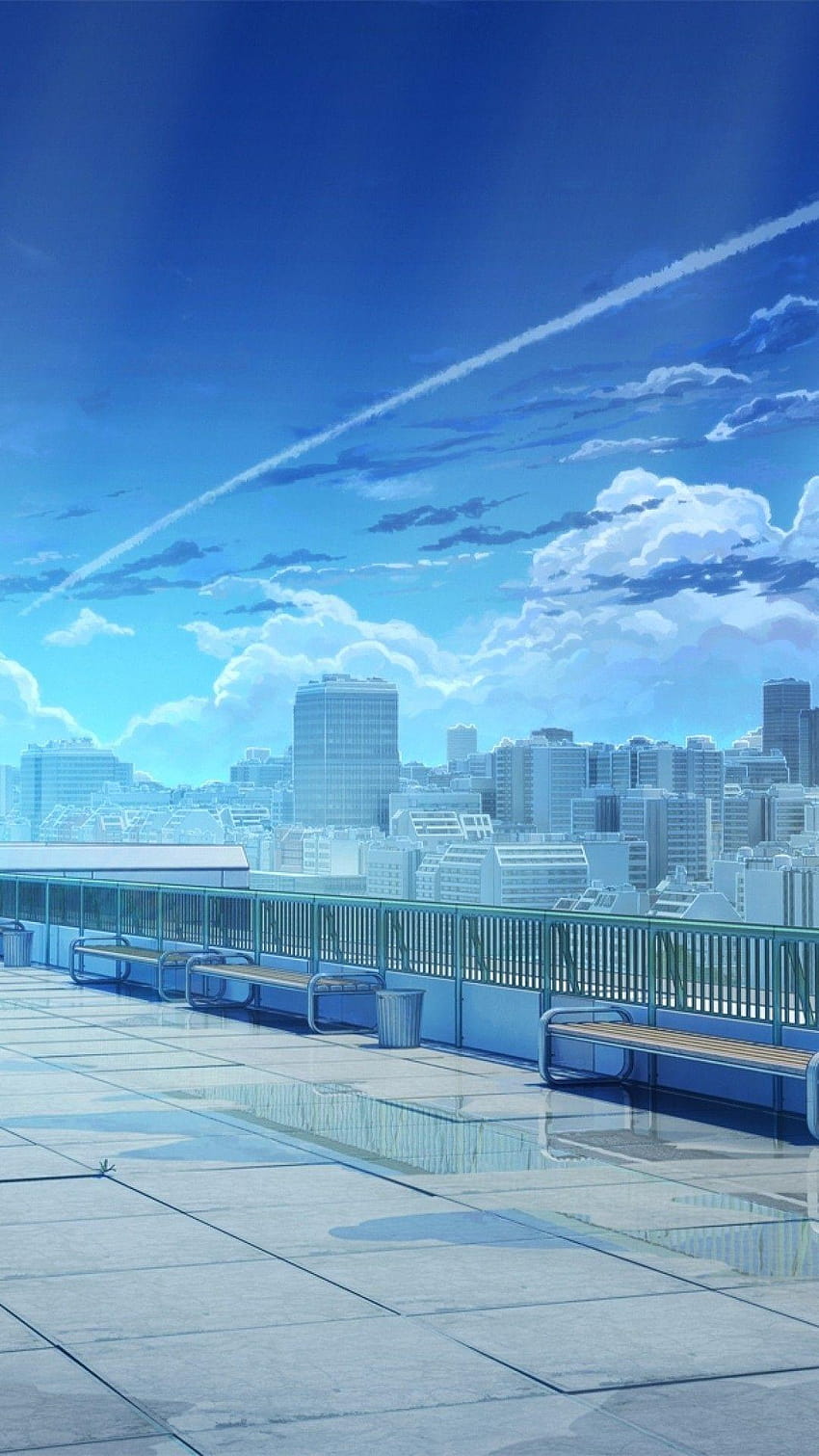 1080x1920 Anime Paisaje, Escuela, Azotea, Cielo, Nubes fondo de pantalla del teléfono