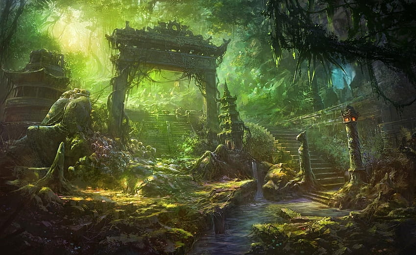 fantasia, Arte, Templo, Árvores, Floresta, Selva, Paisagens, Decadência, Ruínas / e Fundos Móveis, anime de selva papel de parede HD