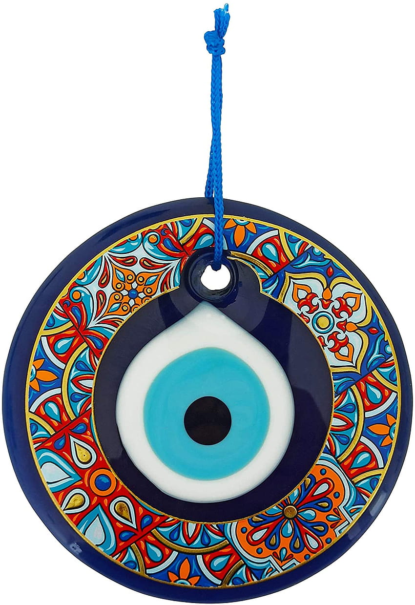 Erbulus Glass Blue Evil Eye ścienny wiszący kolorowy ornament kwiatowy - turecki koralik Nazar Tapeta na telefon HD