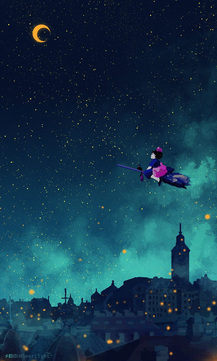 Midnight Flight oleh SeerLight Kiki's Delivery Service Studio Ghibli, ghibli studio phone wallpaper ponsel HD