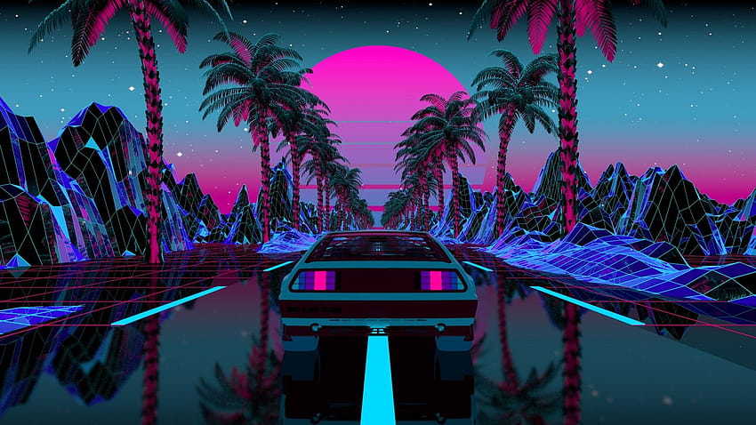 : vaporwave, cyberpunk, Synth, synthwave, palm trees, OutRun, illustration, neon, mountains, cape, evening, night, stars, universe, sky, galaxy, Sun, Moon, mirror, grid, running, cyber, transport, car, reflection, pink, cyan, magenta, neon mountains HD wallpaper