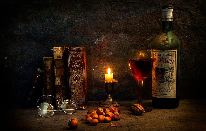 wine, books, candle, glasses, A special occasion , section стиль, wine and candle HD wallpaper