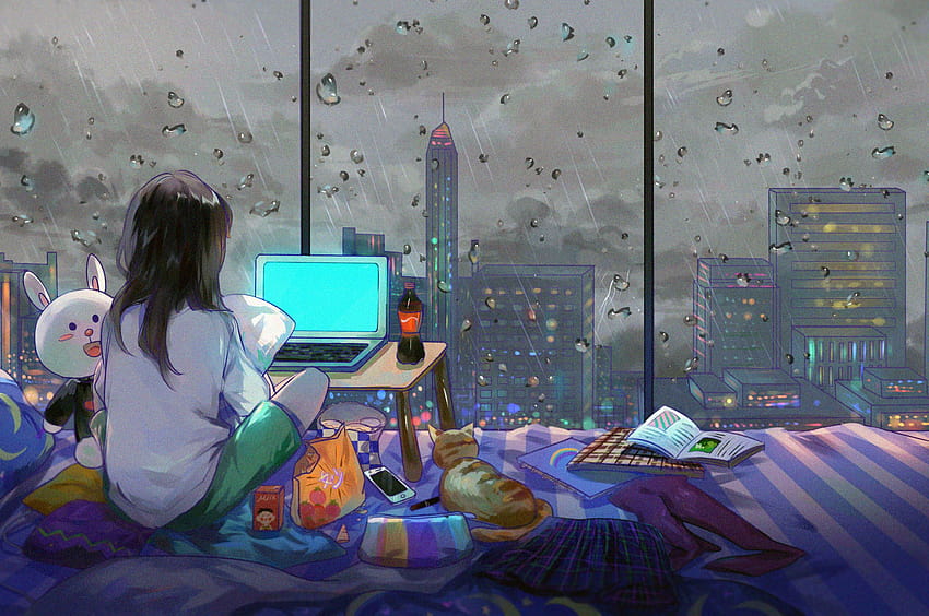 2560x1700 애니메이션 소녀 방 도시 고양이 크롬북 픽셀, 방 애니메이션 HD 월페이퍼