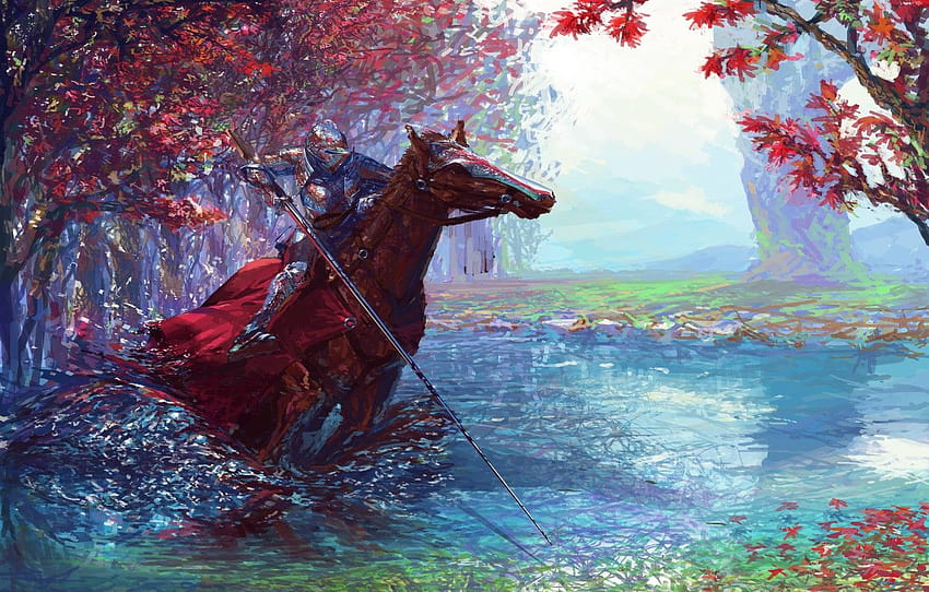 colorful, fantasy, forest, river, armor, trees, weapon, horse, digital art, artwork, warrior, fantasy art, Knight, pearls, spear, painting art , section фантастика, fantasy artwork painting HD wallpaper