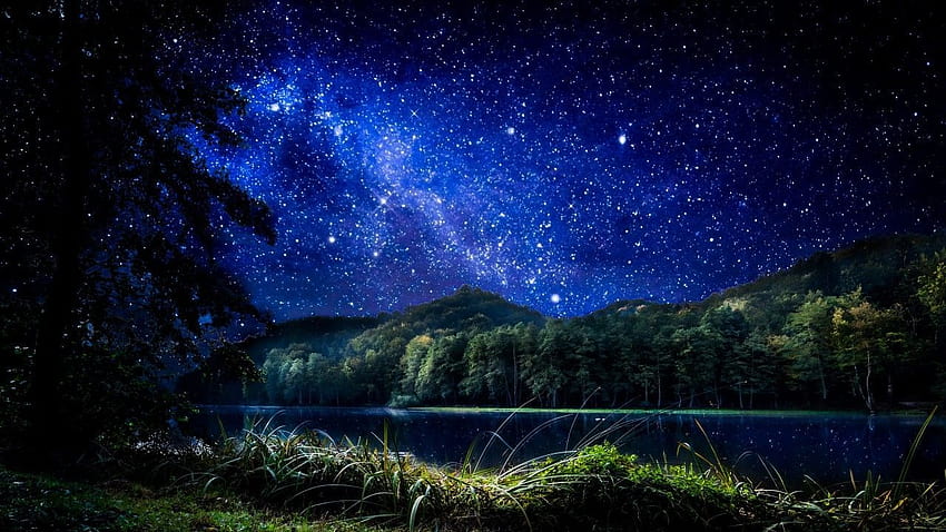 Starry Night Sky Lake Hill, pelukis malam Wallpaper HD