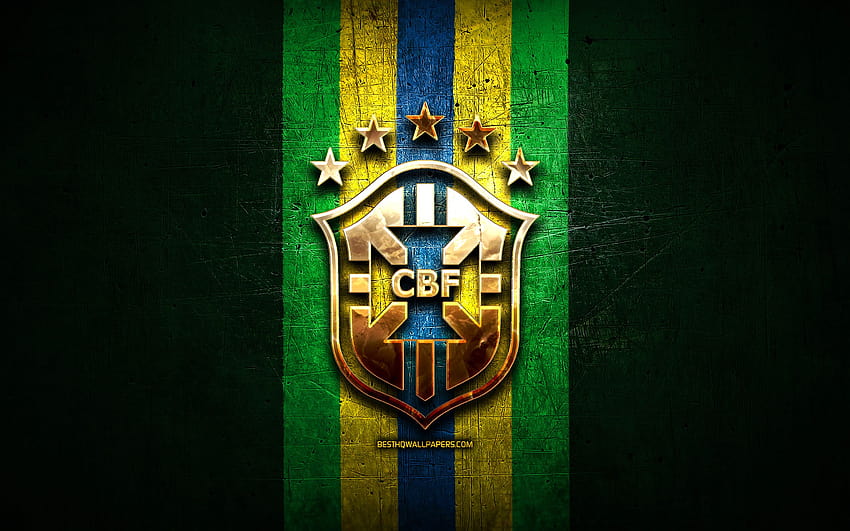 Brasilianische Fußballnationalmannschaft, goldenes Logo, Südamerika, Conmebol, grüner Metallhintergrund, brasilianische Fußballmannschaft, Fußball, CBF-Logo, Fußball, Brasilien mit einer Auflösung von 2880 x 1800. Hohe Qualität, Männer des brasilianischen Fußballvereins HD-Hintergrundbild