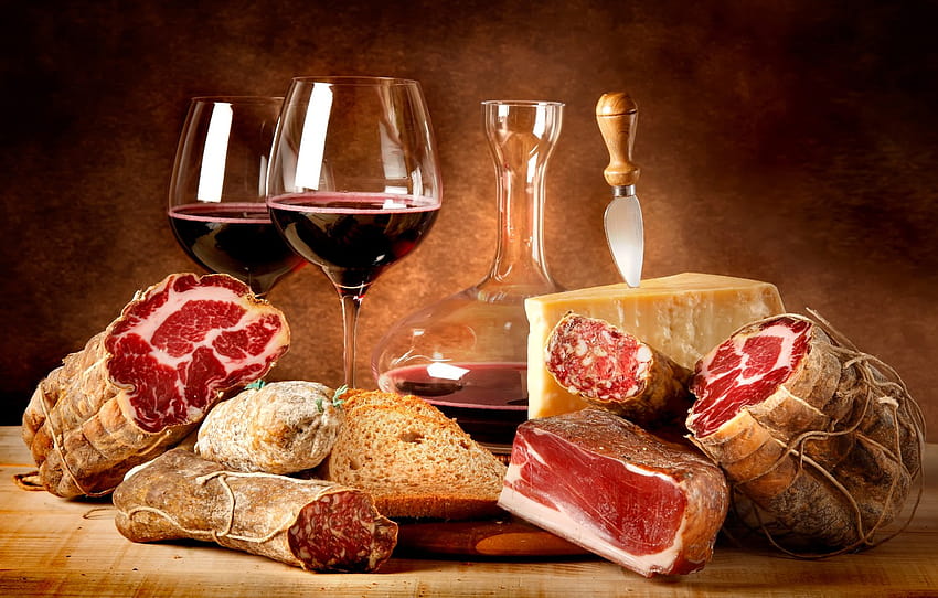 vinho, vermelho, Comida, queijo, óculos, pão, carne, vermelho, linguiça, vinho, queijo, Copos, carne, decantador, parmesão, salame, seção еда, pão e vinho papel de parede HD
