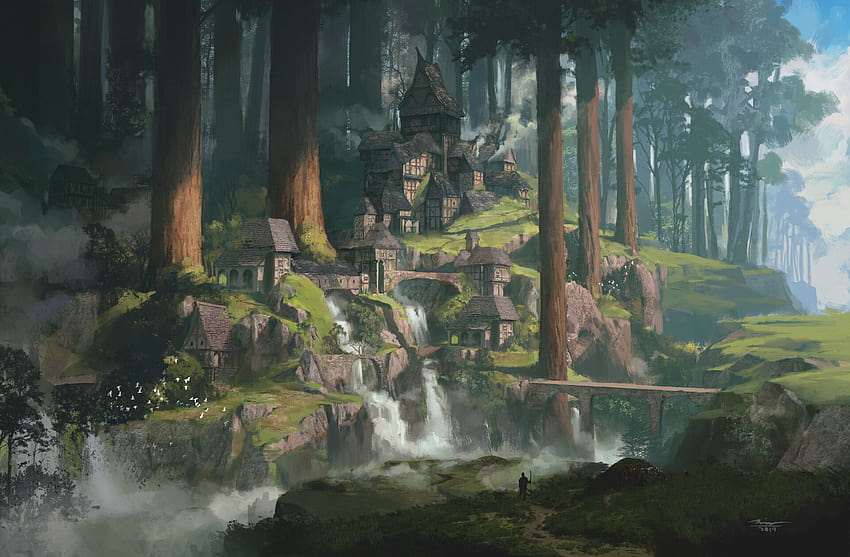 Przytnij Fantasy City dla wodospadu, lasu, grafiki, mostu, drzew, wiejskich tła, leśnej wiosennej fantazji Tapeta HD